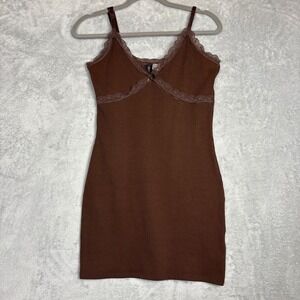 Divided H&M Ribbed Lace Trim Mini Dress Brown Tank Whimsy Y2K‎ Babydoll Cami 90s